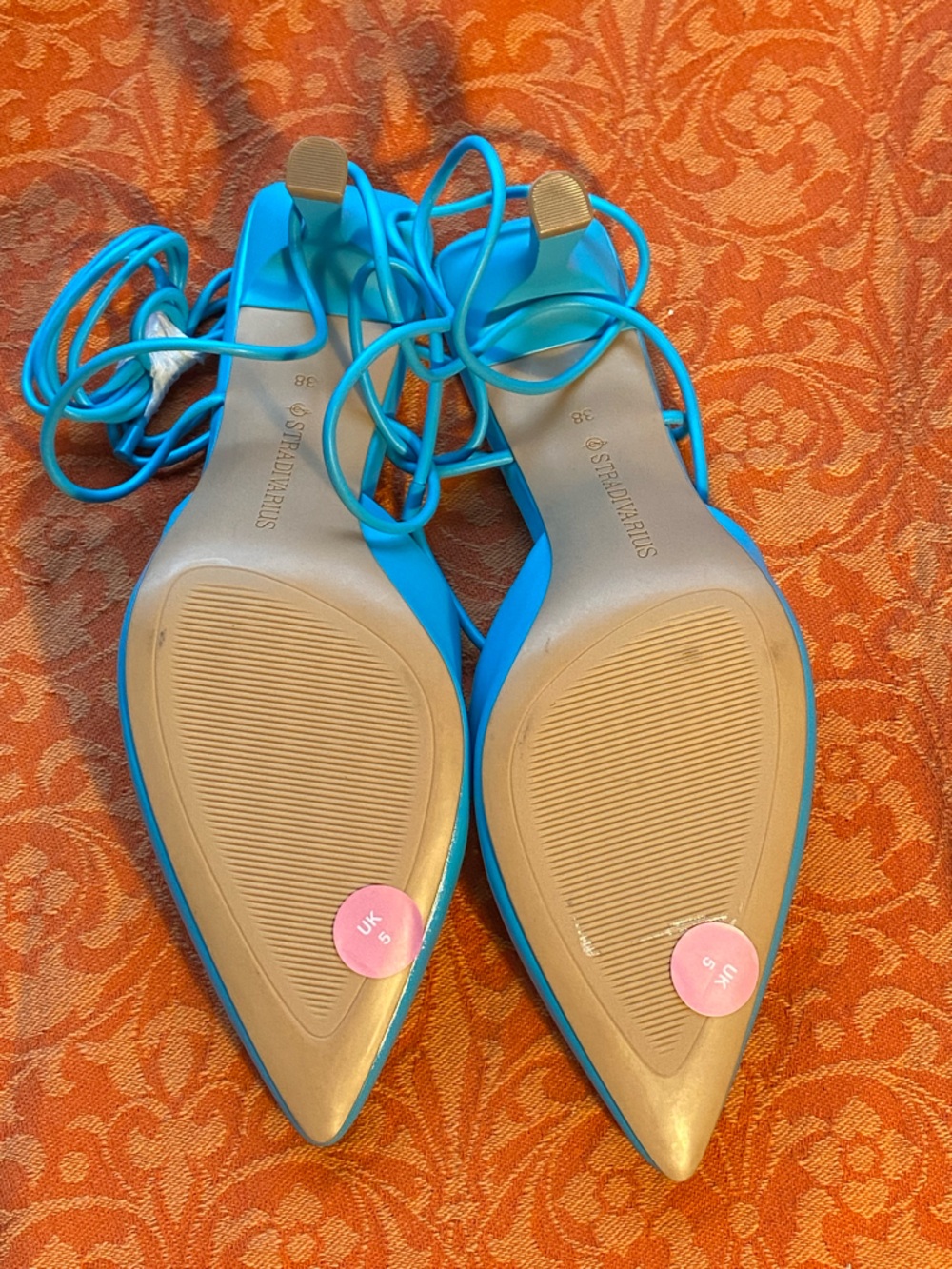 NWOT Stradivarius turquoise leather ankle wrap mules,kitten heels,pointy toe,7 - Picture 8 of 12